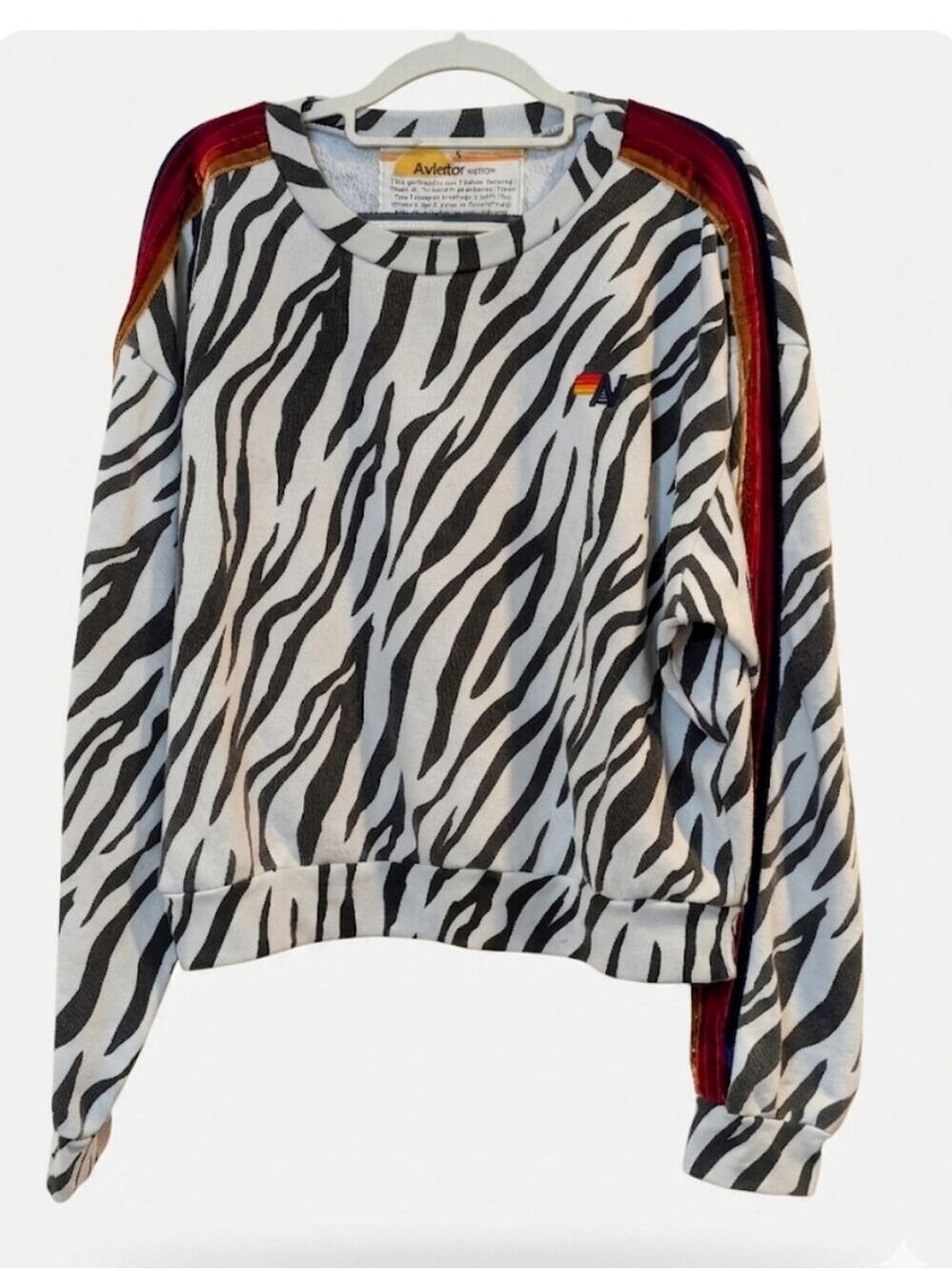 Aviator Nation Zebra Stripe Crewneck Sweatshirt - White/Black with Red Accent